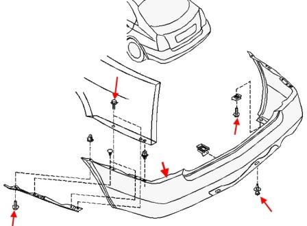 the scheme of fastening of the rear bumper Nissan Primera P12 (2002-2007)